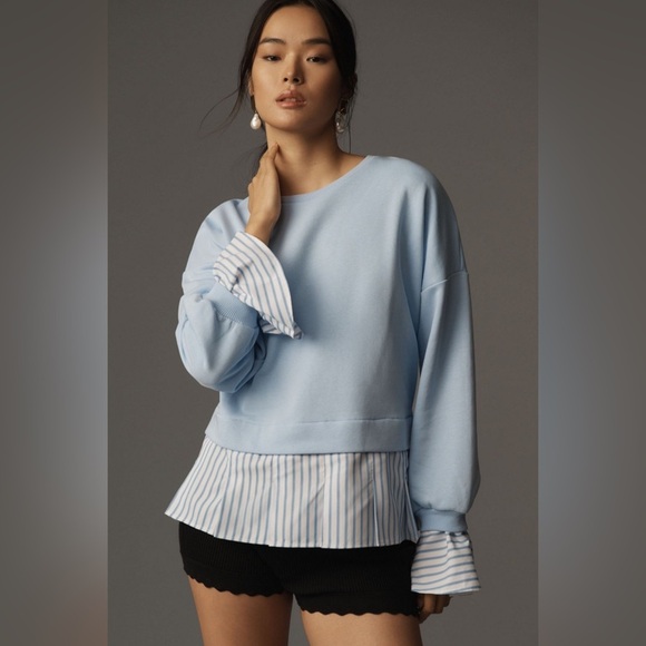 NWT! ANTHROPOLOGIE BLUE WEDGEWOOD MAEVE STRIPED TRIM TWOFER SWEATSHIRT- MEDIUM 💚 - Picture 2 of 7
